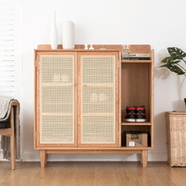 Grid shoe cabinet Simple rattan shoe cabinet Nordic foyer cabinet Entrance cabinet Cherry wood Japanese storage solid wood locker