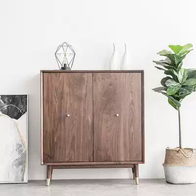 Nordic simple Japanese modern entrance two-door shoe cabinet black walnut oak storage cabinet log side cabinet
