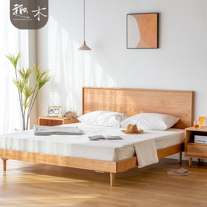 Nordic Day Style Modern Minimalist Retro Solid Wood Cherry Wood Double Bed 1 8 m Black Walnuts Double Backrest Bed