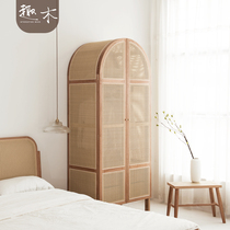 Fun wood simple rattan woven art cabinet Modern simple solid wood frame wardrobe Nordic bed and breakfast bedroom large wardrobe
