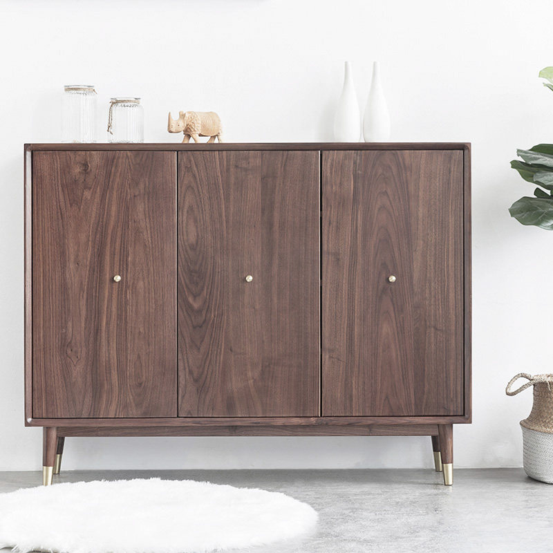 Nordic simple solid wood three-door shoe cabinet black walnut log furniture home door porch storage multi-layer storage