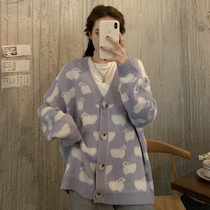 Soft Milk Blue Sweatshirt Cardiovert Jacket Woman Autumn Winter 2022 New Korean Version Lazy Wind Outside Wearing Knitted Blouse