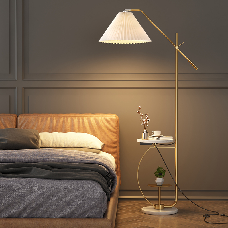 Nordic ins wind fishing floor lamp pleated living room light luxury wireless charged American retro bedroom bedside lampstand lamp