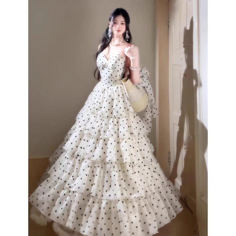 French-Style Gentle Elegance, Unique and Beautiful, Super Attractive Polka Dot Halter Neck Tiered Long Dress, Stunning Gown Dress for Summer 2026
