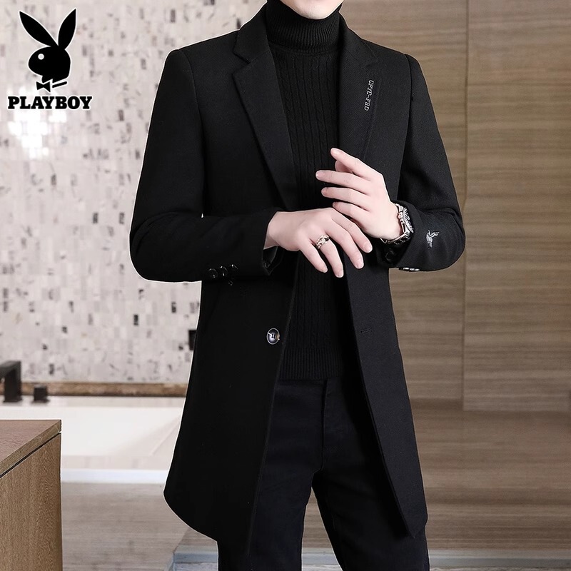 Playboy Woolen Coat Men's Mid-Length Trench Coat Autumn and Winter New Fashion Brand Cashmere Woolen Coat for Men Playboy Woolen Coat Men's Mid-Length Trench Coat Autumn and Winter New Fashion Brand Cashmere Woolen Coat for Men