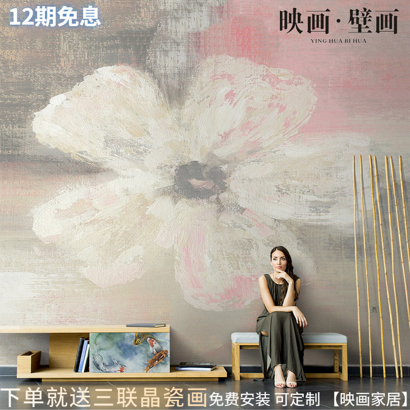 Nordic Hand Painted Abstract White Flowers Oil Painting Living Room TV Background Wall Paper Seamless Sofa Wallpaper Mural Wall Cloth