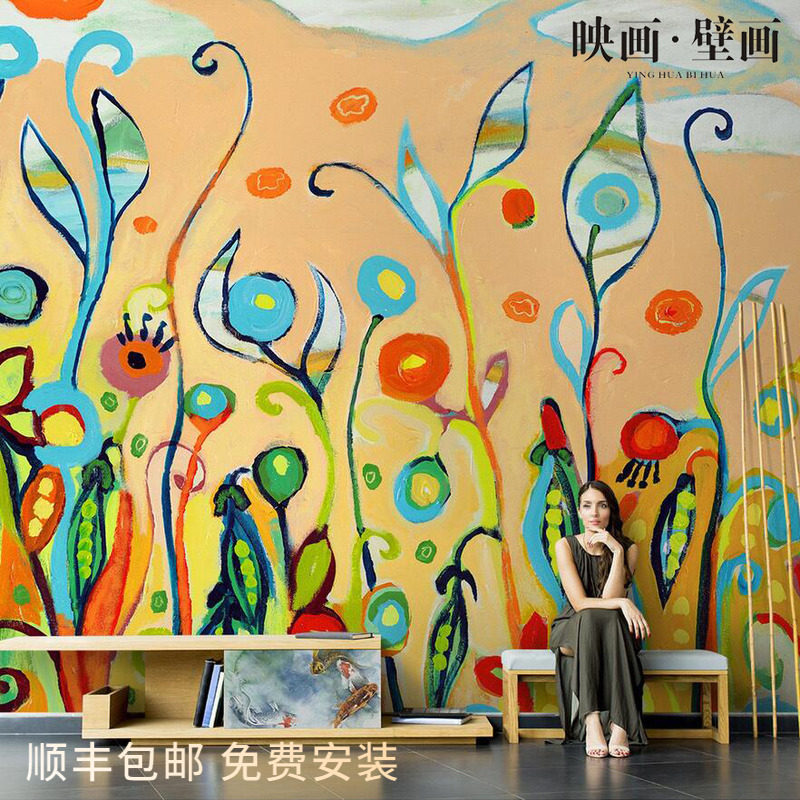 Nordic hand-painted abstract flowers and branches living room TV background wallpaper seamless sofa wallpaper mural wall covering