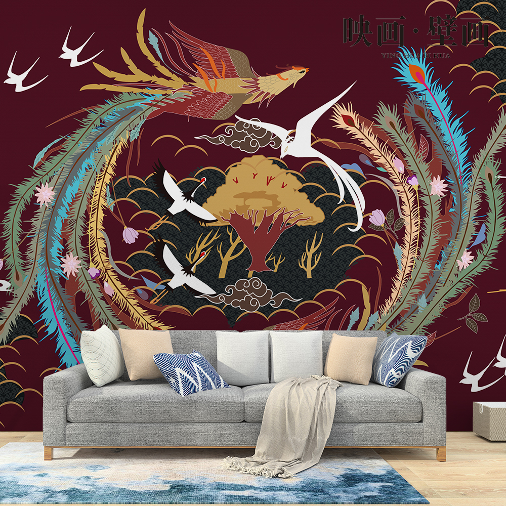 中式手繪復古藝術鳳凰飛天壁紙客廳電視背景牆紙無縫定製壁畫牆布