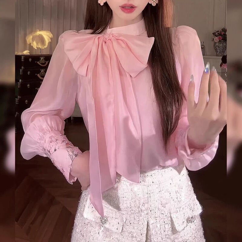 Gentle Pink Bow-Tie Long-Sleeved Shirt for Women, 2025 Autumn New Design, Slimming Top, Hanfu Style