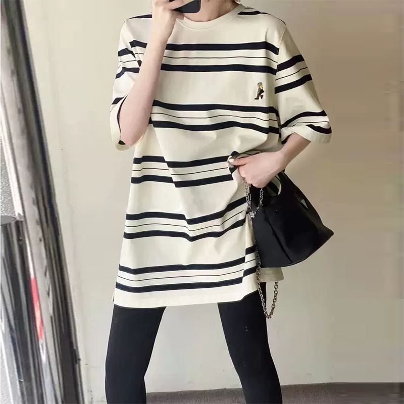 Striped Short-Sleeve T-Shirt for Women 2026 New Summer Loose Fit High-End Tummy-Covering European Style American Retro Top
