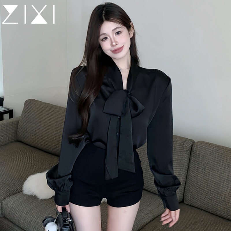 Black Satin Shirt for Women 2026 Autumn French Style High-End Outfit Shirt Workplace Commute Bow Top Black Satin Shirt for Women 2026 Autumn French Style High-End Outfit Shirt Workplace Commute Bow Top