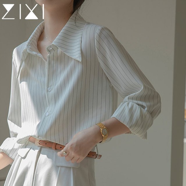 Striped long-sleeved shirt jacket female 2023 autumn new design sense niche shirt temperament commuting white top