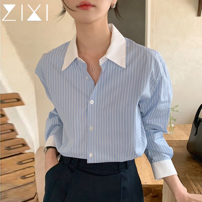 Blue Striped Long-Sleeved Shirt for Women, New Autumn Korean Style Petite Top, Commuter Color-Blocking Patchwork White-Collar Shirt