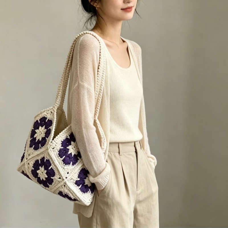 Autumn and Winter New Bohemian Handmade Knitted Bag with Flowers, Single-Shoulder Woven Bag, Niche Vacation Style Underarm Bag