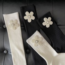 Customized beaded pearl socks summer black and white double needle cute womens socks creative Pearl Flower personality medium stockings JK socks