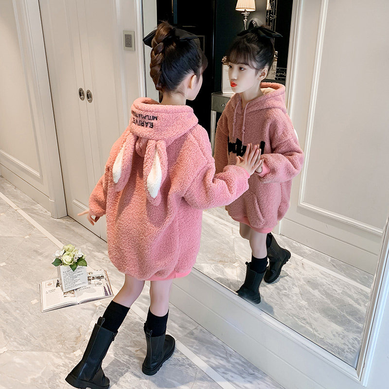Girls' fleece sweater mid-length version Korean version middle-aged children's autumn and winter tops Western style girls loose thick sweater