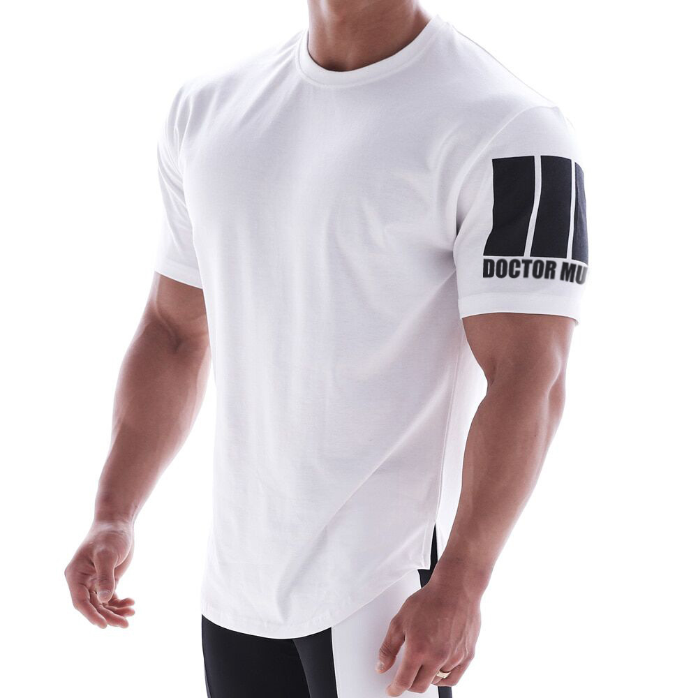 Muscle Men's Summer stretch Slim Fit Short sleeve Gym Roll iron round neck T-shirt Running training suit Sports top
