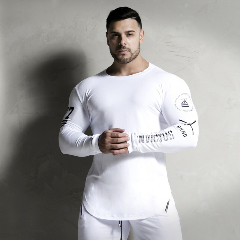 Muscle Kangaroo brother male fitness clothes Training long sleeve black and white slim fit crew neck sports tide brand top T-shirt
