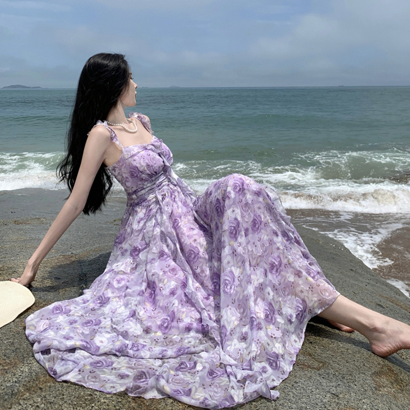 Vacation Style Purple Chiffon Fairy Dress, Summer French Retro Print Long Skirt, Floor-Length Slimming Suspender Dress Vacation Style Purple Chiffon Fairy Dress, Summer French Retro Print Long Skirt, Floor-Length Slimming Suspender Dress
