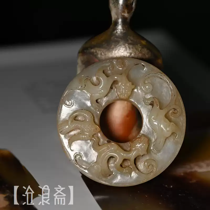 战国汉代高浮雕玉璧古董螭龙纹和田玉红沁龙凤纹古玉收藏