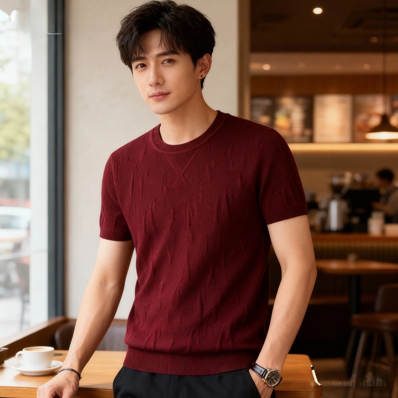Spring and Autumn Bark-Patterned Burgundy Knitted Short-Sleeve T-Shirt Sweater for Men, Slim Fit, Round Neck, Zodiac Year Half-Sleeve Base Shirt