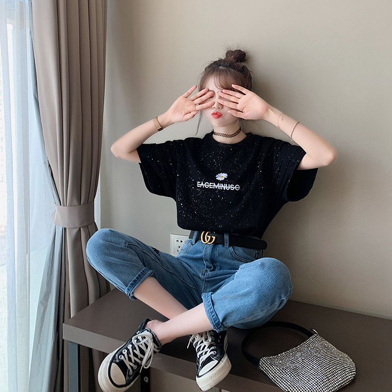 South Korea 2020 New small daisy short sleeves Superfire summer half sleeve loose net red blouses T-shirts women's clothes-Taobao