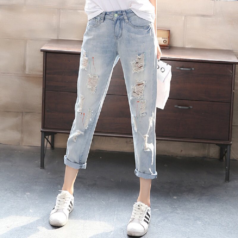 Korean tide brand 2020 new summer light-colored ripped jeans women's nine points casual harem straight beggar pants tide