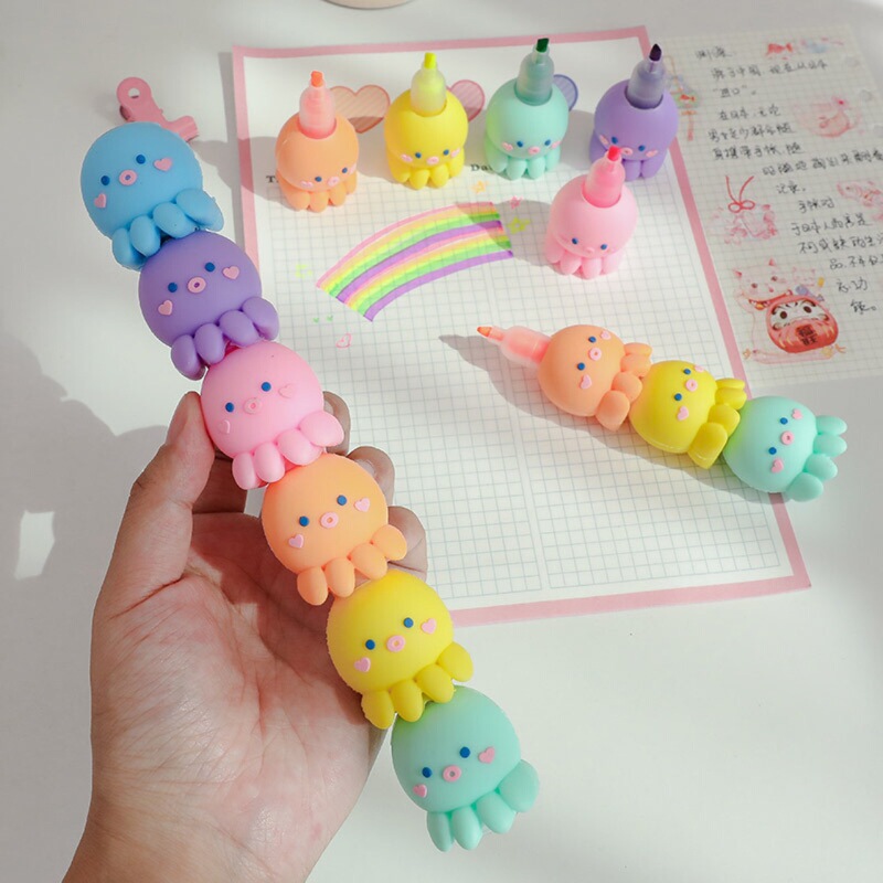 Cute Octopus-Shaped Highlighter Pen, Colorful Marker Pen for Journaling, Cartoon Super Cute Highlighter for Students, Multi-Color Mini Pastel Series, Large Capacity Fluorescent Pen