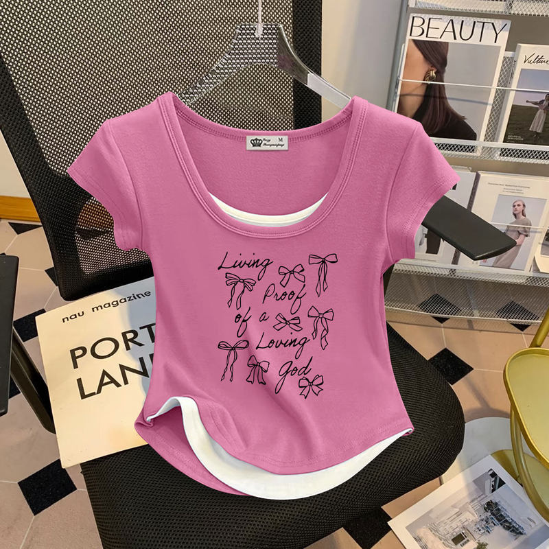 Pink U-Neck Short-Sleeved T-Shirt for Women, Short Style, 2026 Summer New Style, Various Bow-Tie Tops, Curved Hem, Slim-Fitting Top
