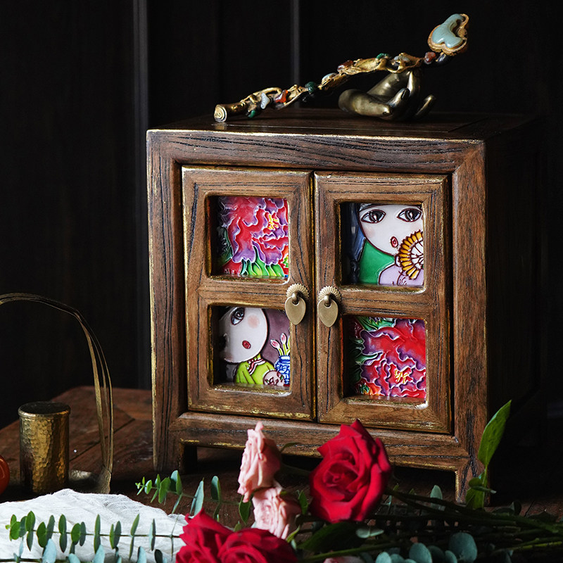 Jia women pure solid wood mortise and tenon new Chinese retro multi-functional gold foil old custom home accessories desktop decoration