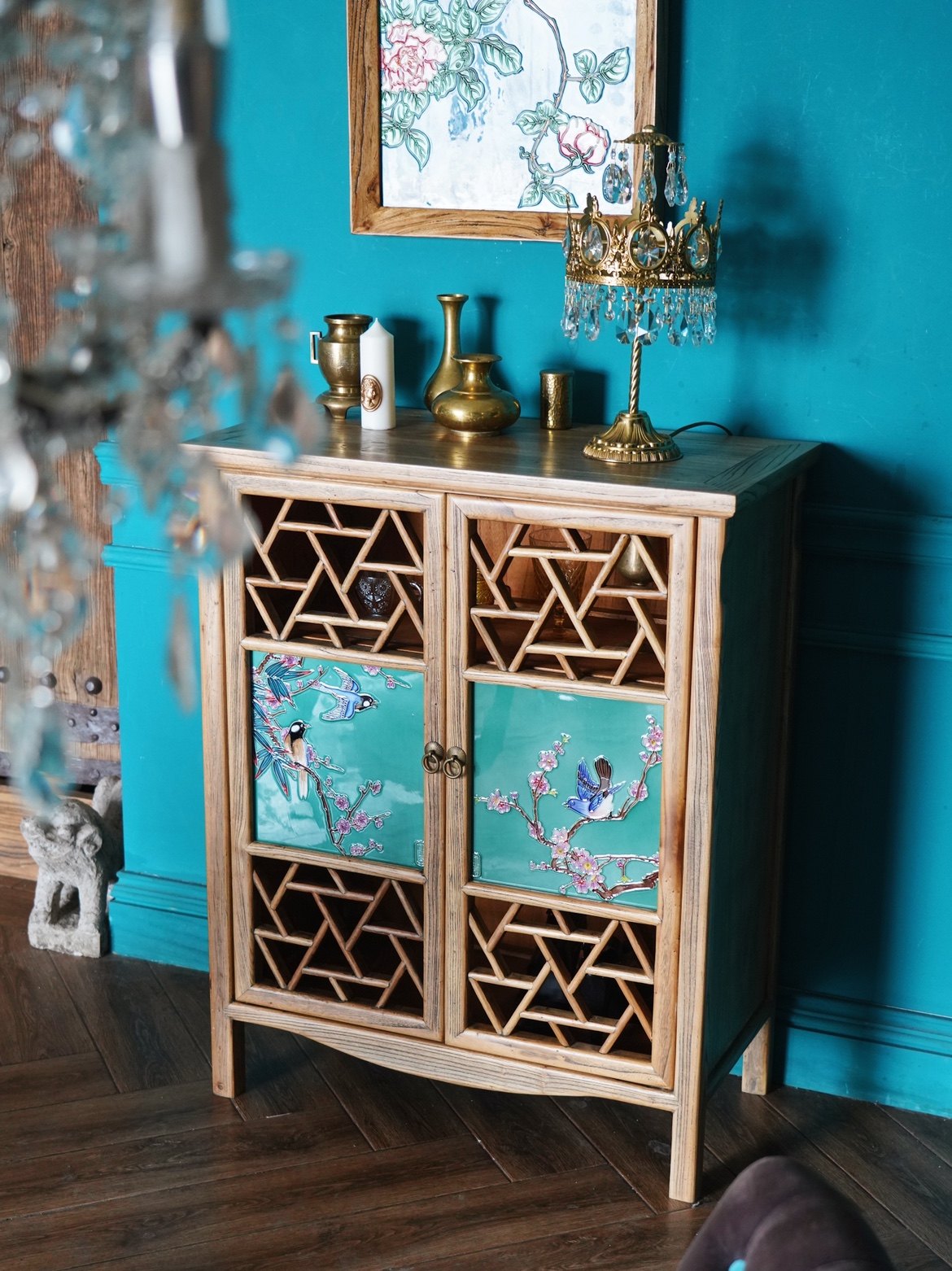 New Chinese-style solid wood sideboard two-door shoe cabinet porch cabinet old elm porcelain painting multi-functional storage cabinet