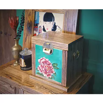 Good woman solid wood porcelain plate painting with lock jewelry box flannel multi-layer large-capacity jewelry storage box retro dressing box