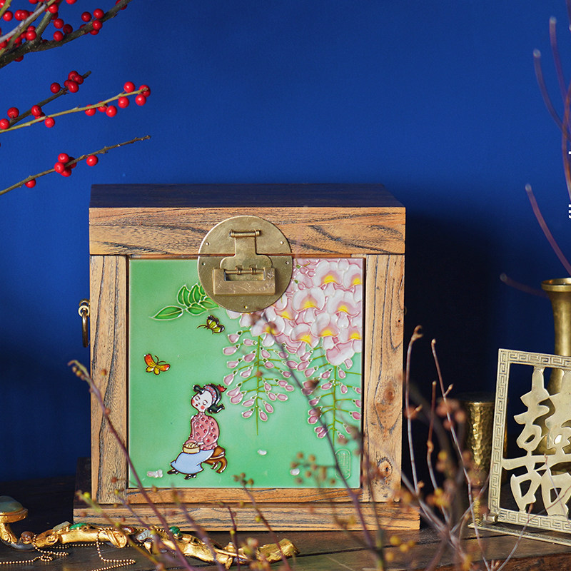 Good woman solid wood inlaid ceramic jewelry box Chinese dressing box multi-layer lock storage box creative wedding gift