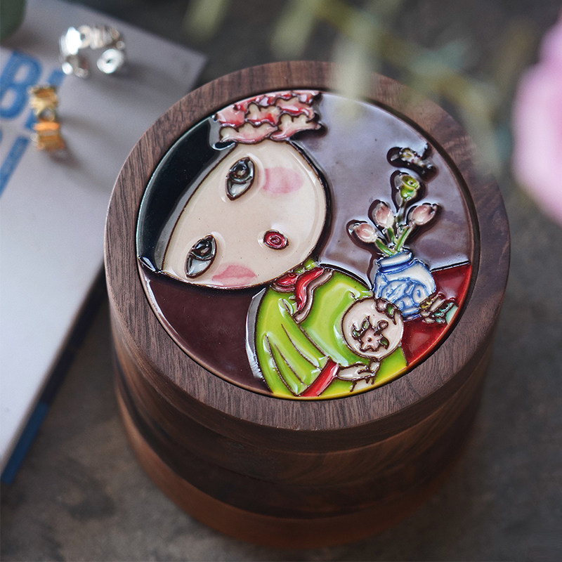 Solid wood round jewelry box ceramic table top decoration ornament multi-layer storage box Chinese vintage jewelry jewelry box