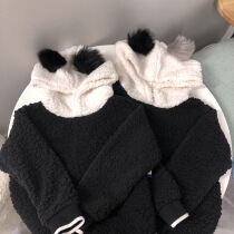 Autumn and winter new childrens and womens treasure cute fleece long sleeve hooded stitching shape coral fleece warm sweater