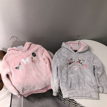 Autumn and winter new childrens female treasure thick long sleeve hooded embroidery butterfly warm pullover coral velvet waist sweater