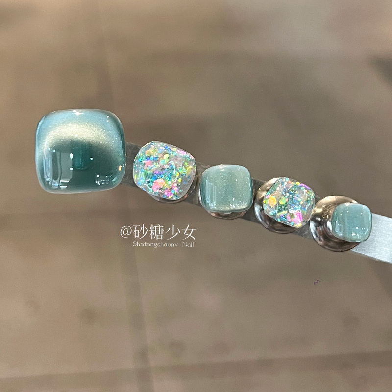 Green Cat-Eye Toenail Stickers 2026 New Style High-End Toenail Patches Pure Handmade Toenail Wearable Nail Art