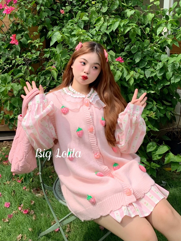 Three-Color Strawberry! Big Girl, Plus Size, Cute Sweater Vest, Soft Girl Autumn 3D Cartoon Cardigan 100kg Fat mm