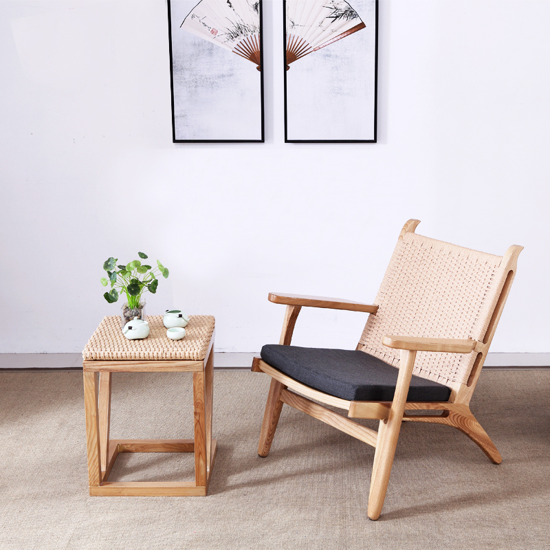 Nordic wind white wax wood solid wood armchair leaning on back chair Balcony Casual Chair Home Single Reality Vines Weave Sofa Chair