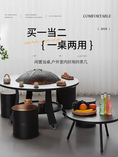 Cocinar té alrededor de la estufa, juego de estufa para asar en el interior del hogar, juego completo de electrodomésticos, reunirse alrededor de la estufa de barbacoa del patio en invierno para calentar la mesa