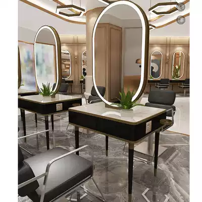 Hair salon mirror table Net red hair salon mirror table with lamp hair salon special marble desktop mirror Hair salon hair cutting mirror