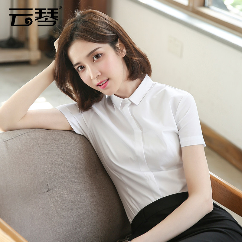 Professional white shirt women short sleeves 2023 summer design sense small square tip gray work cotton shirt