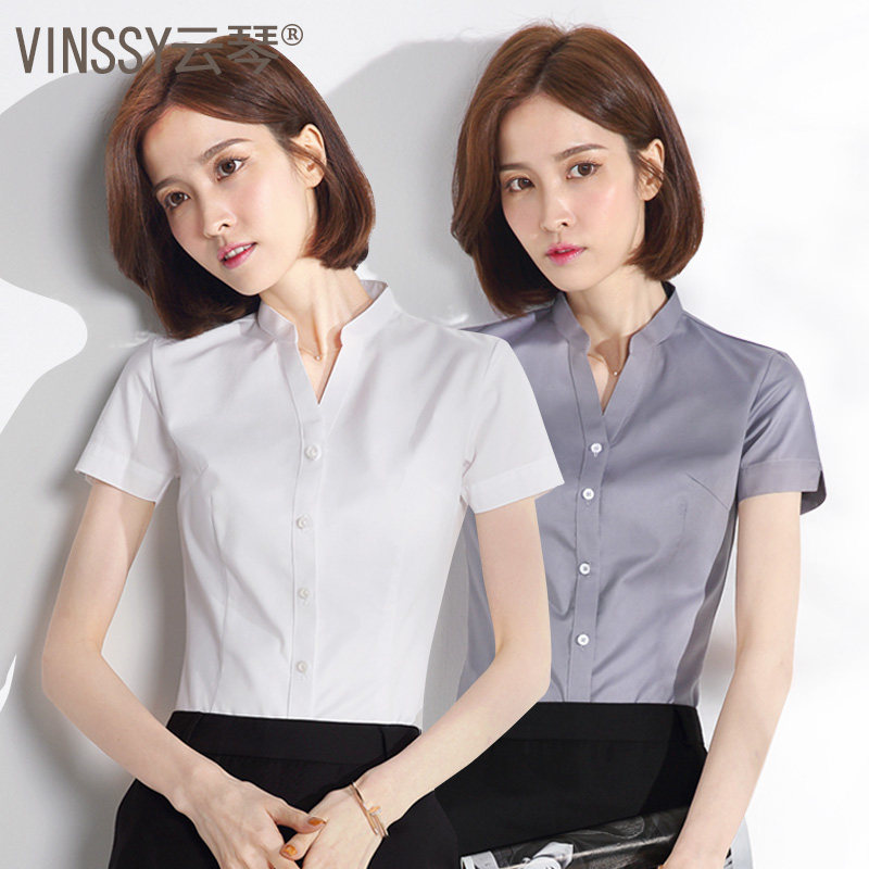 White professional shirt women's short-sleeved V-neck overalls formal stand-up collar tooling shirt 2021 summer free ironing inch clothes
