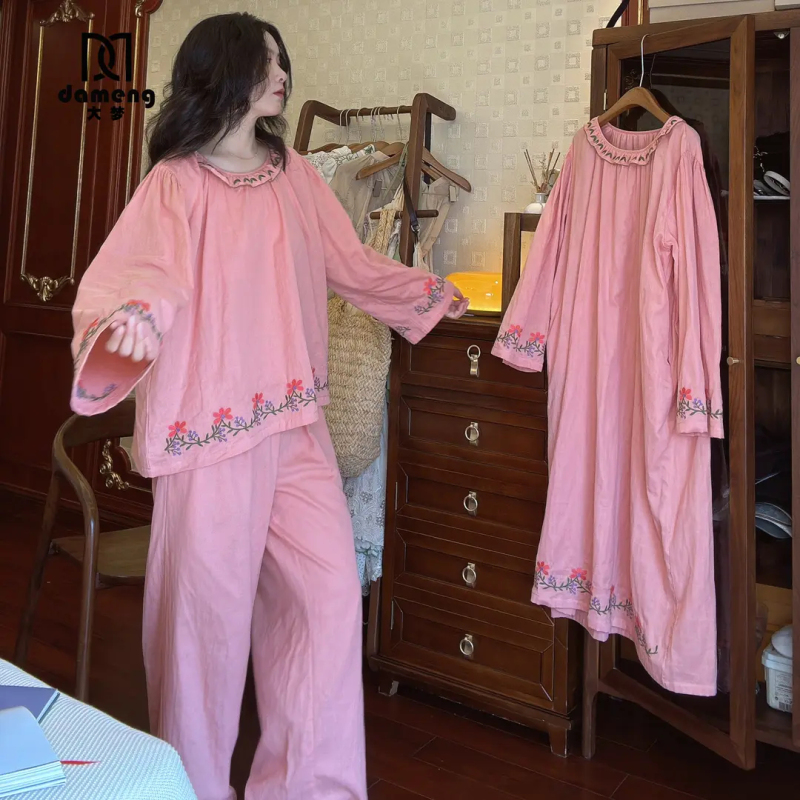 Dreamy Spring and Autumn Pajamas for Women, Pure Cotton Gauze Embroidery, Plus Size Long Sleeve and Long Pants Set, Loungewear Suitable for Wearing Outdoors Dreamy Spring and Autumn Pajamas for Women, Pure Cotton Gauze Embroidery, Plus Size Long Sleeve and Long Pants Set, Loungewear Suitable for Wearing Outdoors