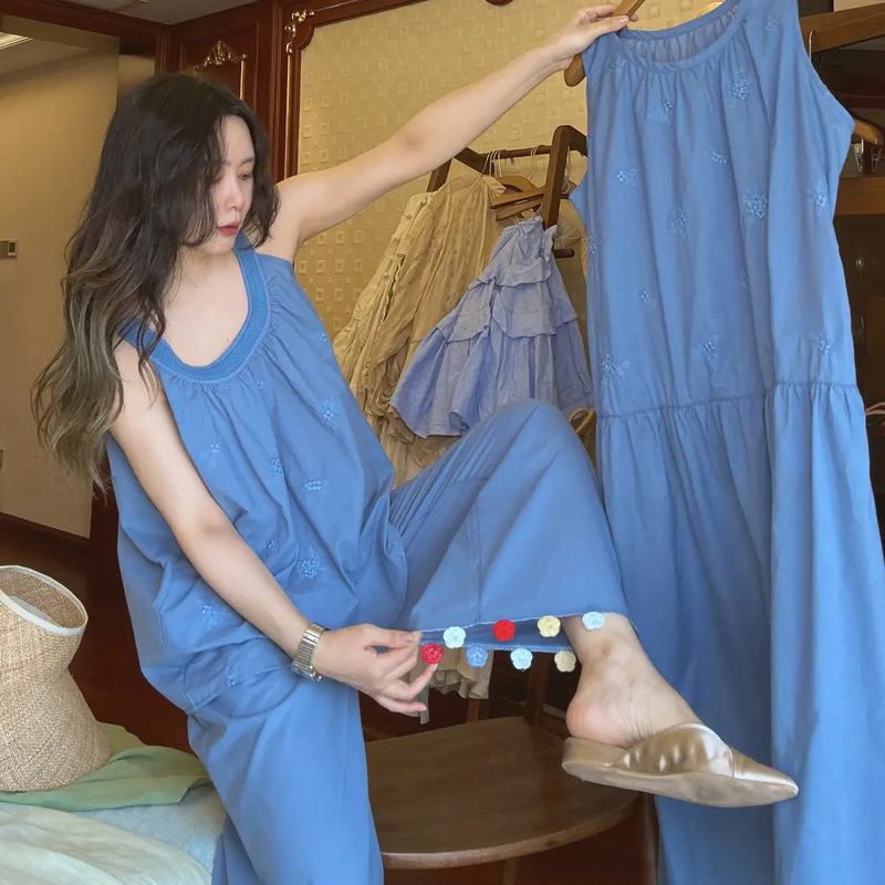 Dream Pajamas for Women, Summer Thin Pure Cotton French Embroidery Blue Camisole and Long Pants Set, Loungewear, Plus Size Nightgown Dream Pajamas for Women, Summer Thin Pure Cotton French Embroidery Blue Camisole and Long Pants Set, Loungewear, Plus Size Nightgown