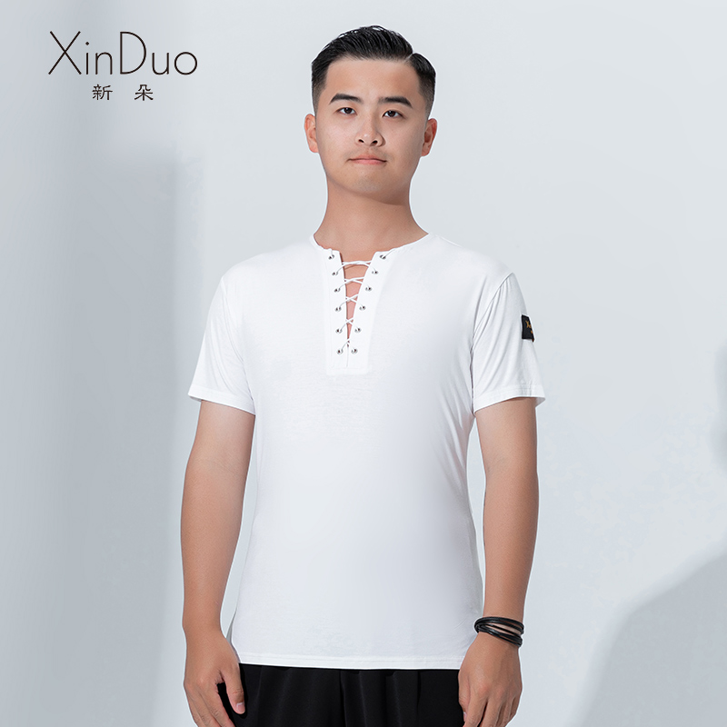 New Duo Latin Dance Suit Men's Blouse Summer New Short Sleeves Dance Costumes National Standard Dance Morden Dance Practice Dancer Dancing