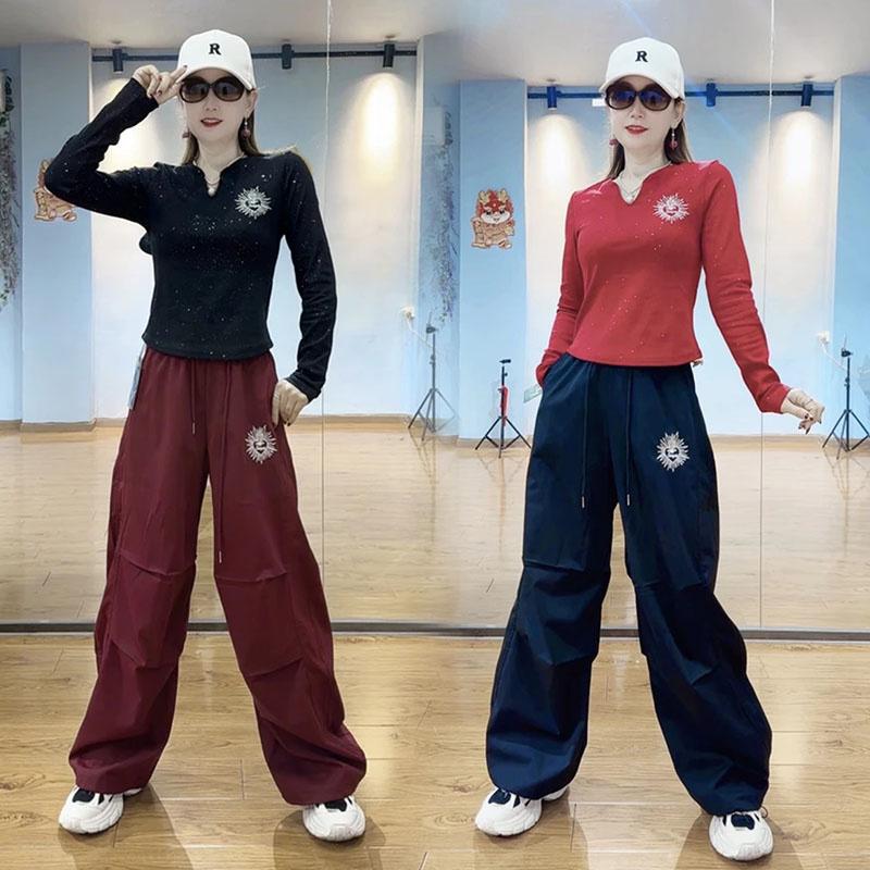 2025 Tiktok Influencer Style Shuffle Dance Starry Embroidered Top and Fashionable Loose Pants Set for Square Dance