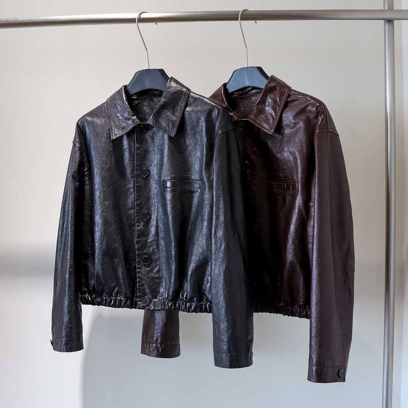 Yuan Quan Style Imported Oil-Waxed Sheepskin Genuine Leather Jacket for Women, Short Loose Casual Biker Leather Jacket
