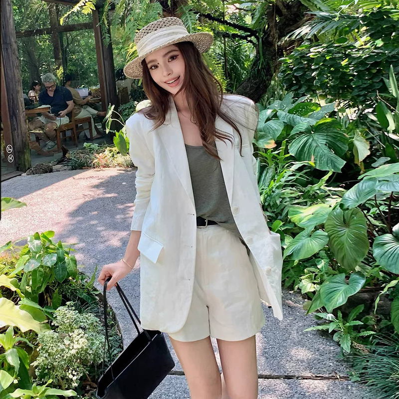 French-Style Old Money "French Imported Normandy Linen Staycation Relaxed Suit Shorts Set for Women Summer Wear"