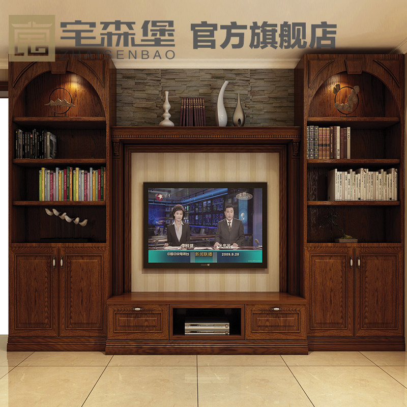 Custom TV set Cabinets Pure Solid Wood American Eurostyle TV Cabinet Basil Flowers Pears American Red Oak Water-based Paint